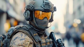 A tactical soldier in urban setting, equipped and ready for action. photo
