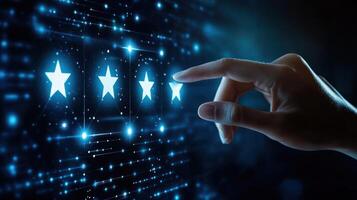 A hand interacts with glowing stars in a digital rating interface. photo