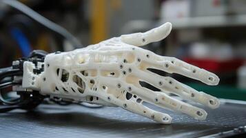 Close up of a robotic hand showcasing intricate mechanical design. photo