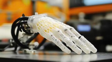 A close up of a 3D printed robotic hand on a lab table. photo
