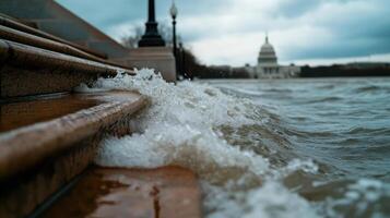 Flooded steps with waves near historical landmark photo