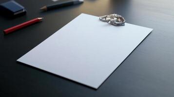 Plain note paper on desk with paperclip and stationery photo