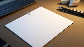 Plain note paper on desk with paperclip and pen photo