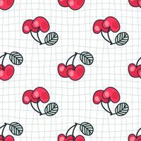 Groovy style seamless pattern with cherries on grid distorted background. Perfect print for fabric, paper, textile. Hand drawn illustration. vector