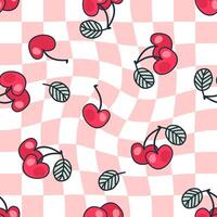 Doodle style cherries seamless pattern on grid distorted background. Hippie aesthetic print for fabric, paper, textile. Hand drawn geometric illustration. vector