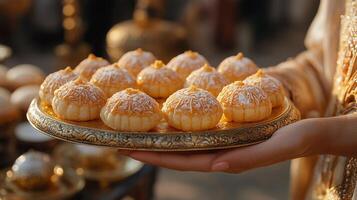 A closeup of a hand holding a traditional Eid sweet like maamoul or baklava on a goldplated tray 75 photo