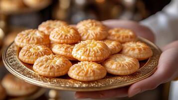 A closeup of a hand holding a traditional Eid sweet like maamoul or baklava on a goldplated tray 74 photo