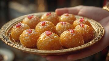 A closeup of a hand holding a traditional Eid sweet like maamoul or baklava on a goldplated tray 73 photo