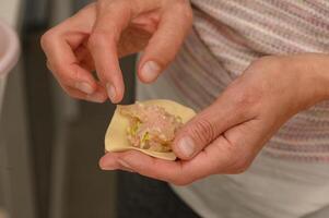 Crafting delicious dumplings with expert hands in a cozy kitchen setting photo