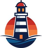 Lighthouse, casting its watchful eye over the waves, set against a backdrop of a setting sun. vector