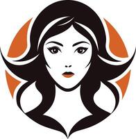 Woman with long flowing hair and a sophisticated aura, framed within an orange circular backdrop vector
