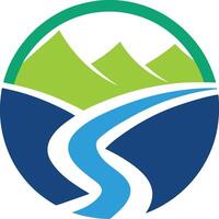 Mountains and a winding river, enclosed within a harmonious circular design logo vector