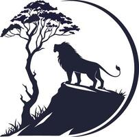 Majestic Lion Silhouette A commanding illustration captures a lion, king of the savanna, silhouetted against a dramatic sky. vector