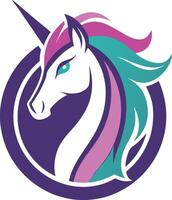Unicorn with vibrant mane and a spiraled horn, enclosed within a stylized emblem vector