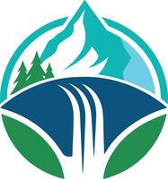 Mountain, flowing waterfall, and evergreen trees framed within a clean, contemporary design. vector