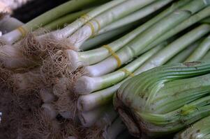 Fresh green onions and succulent celery showcase the vibrant produce at a bustling market in full spring bloom photo