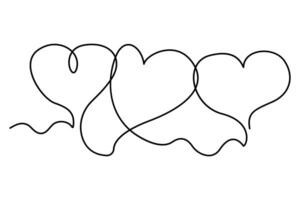 Continuous one-line hand drawing of three hearts vector