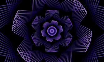 Abstract flower vortex geometric circles line pattern. Purple fractal flower on black background. Rounded mandala. vector