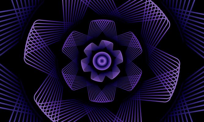 Abstract flower vortex geometric circles line pattern. Purple fractal flower on black background. Rounded mandala.