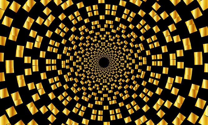 Abstract spiral Shape spinning vortex style flower background. Gold square pattern. circular pattern.