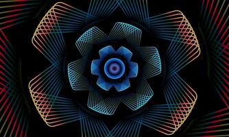 Abstract flower vortex geometric circles line pattern. colorful fractal flower on black background. dynamic mandala pattern. vector