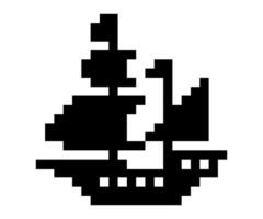 Monochrome pixel art pirate ship icon. retro game simple cartoon style. vector