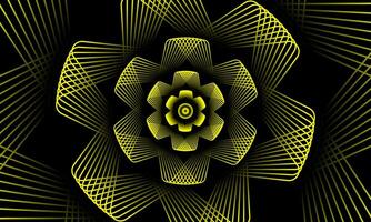 Abstract flower vortex geometric circles line pattern. Yellow fractal flower on black background. Mandala pattern. vector