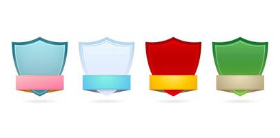 Label badge Colorful shields with ribbons isolated on white backgrounds for webs design, user interface apps, banner poster elements, flyer, brochure catalogue, booklet, year book pages, photo frames vector