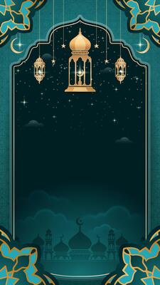 Islamic design emerald green Background with lanterns and mosque for Ramadan Kareem and Eid al Fitr or Adha Greeting Cards Elegant styles, Decoration Lanterns and a Starry Night social media templates