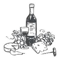 composition with wine, glass of wine and snack. Grapes, cheese and fruits in quick linear ink sketch style. Clip art for restaurant menu, wine list or invitation to tasting. vector