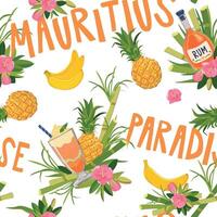 seamless pattern. Background with elements of vacation on a tropical island. Composition with a bottle of rum, pineapple, banana and flowers. Illustration for beach bar design. vector