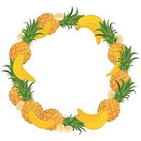 Tropical round frame with bananas and pineapples. wreath with tropical fruits. Beach party template with text place. vector