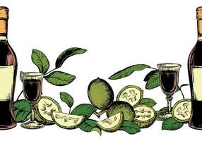 Bottle of Italian liqueur Nocino, glass with aperitif. seamless pattern in color engraving technique. Unripe walnut seeds whole and halves, leaves and branches. Linear sketch in black ink. vector