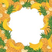 Tropical round frame with bananas and pineapples. wreath with tropical fruits. Template for beach party with text place. Elements are not cropped, hidden under crop mask. vector