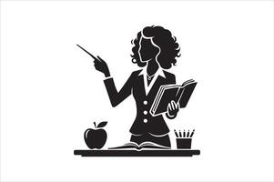 Teacher Silhouette with Open Book and Apple vector