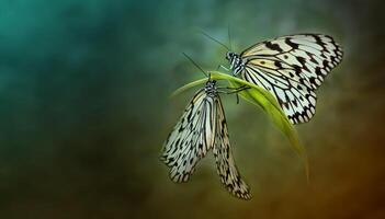 Two butterflies are sitting on a green leaf photo