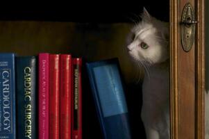 A cat sitting on a shelf photo