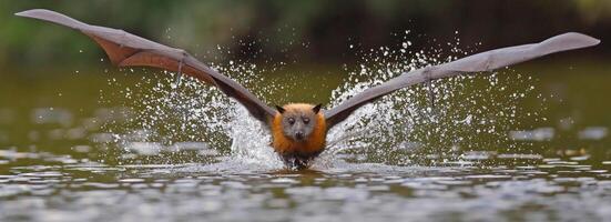 A bat taking off from the water in the middle of a pond photo
