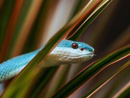 A blue snake is peeking out from behind some green leaves photo