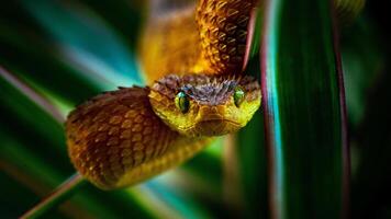 A snake is hiding behind a leaf photo