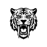 A black logo of an abstract representation of a saber toothed tiger head snarling vector