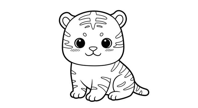 Coloring Page of a Chibi Tiger Cub With Round Chubby Cheeks and Simplified Stripes vector