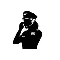 A silhouette of a woman pilot in a uniform talking on the phone vector