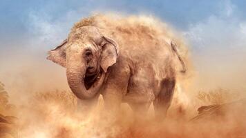 A large elephant is covered in dust photo