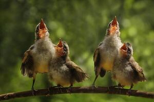 Three birds are singing together on a branch photo