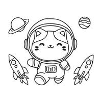 cute cat astronaut with spacesuit and set of rocket illustration . to colour vector