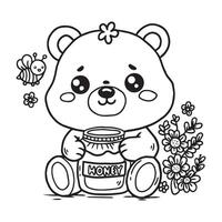 cute little bear with honey jar and bees illustration for colour vector