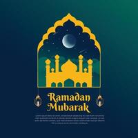 The Ramadan Kareem design features a green gradient with windows and lanterns. It is a modern Islamic greeting card and wallpaper, ideal for social media posters and banners. vector