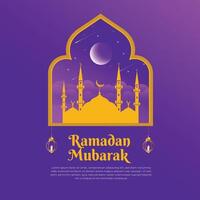 The Ramadan Kareem design features a gold and purple gradient with windows and lanterns. It is a modern Islamic greeting card and wallpaper, ideal for social media posters and banners. vector