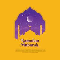 The Ramadan Kareem design features a yellow and purple gradient with windows and lanterns. It is a modern Islamic greeting card and wallpaper, ideal for social media posters and banners. vector